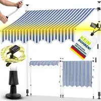 Tillvex Balkonluifel, 200 cm, blauw/wit, met led met zwengel, voor balkon, balkonluifel zonder boren, uv-bestendig en in hoogte verstelbaar, waterdichte zonwering