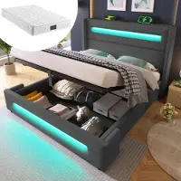 OKWISH Ledikant 180x200 cm – wit MDF – met 16-kleuren LED, USB, stopcontacten, 2 nachtkastjes en lades