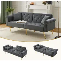 MODFU Bedframe 140x200 cm – donkergrijs chenille – met ergonomisch hoofdbord en lattenbodem