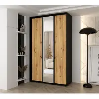MINIO go for it MINIO, garderobekast VADO, 150x235,2x60 cm, 3 schuifdeuren (waarvan 1 met spiegel), 6 legplanken, 2 metalen stangen, zwart/gebeitste eikenhout