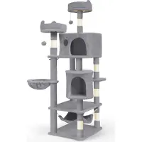 VOUNOT Kattenboom 168 cm, meerlaags kattenmeubel XXL, met mand, hangmat, pluchen ballen en dikke stangen. Klimboom voor katten, grijs