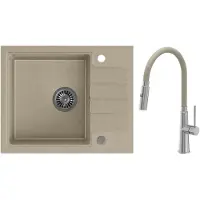 VBChome spoelbak, graniet, beige, 62 x 50 cm. Beige, flexibele kraan. Granieten spoelbak, enkele kom, inbouwspoelbak, gespikkeld. Inclusief sifon