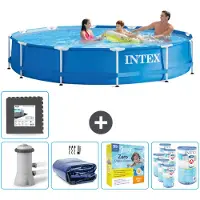 Intex Rond Frame Zwembad - 366 x 76 cm - Blauw - Inclusief Pomp Solarzeil - Onderhoudspakket - Filters - Vloertegels