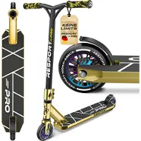 RE:SPORT Revo Pro Stuntstep, voor kinderen en volwassenen, met standaard, 110 mm, PU-wielen en Y-bar, ABEC 9 kogellagers, pedaalstep, trickstep, Nova goud