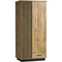 Bettso Garderobekast Lamelo 90 cm met lade, draaideuren, lamellen deuren, eikenhout, Wotan, zwart, mat, modern