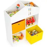 Ecotoys boekenkast met 2 mandjes - speelgoedkast 6 vakken - kinderkast wit / oranje / geel - 65.2 x 27 x 90.5 cm - vorm van een huis