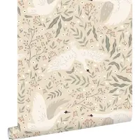 ESTAhome behang zwanen beige, wit en vergrijsd groen - 53 cm x 10.05 m - 139797