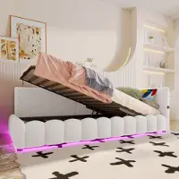 MODFU Uitschuifbaar bed met matras, 90x200. Dagbed met hydraulisch hefmechanisme, tienerbed met LED-verlichting en USB-aansluiting, wit