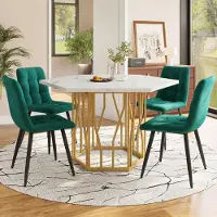 MODFU Eetset (5-delig), hexagonale eettafel met gouden metalen poten, inclusief 4 groene, ergonomische fluweelstoelen, in de kleuren goud, wit en groen
