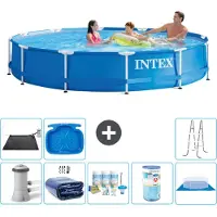 Intex Rond Frame Zwembad - 366 x 76 cm - Blauw - Inclusief Pomp Solarzeil - Onderhoudspakket - Filter - Grondzeil - Solar Mat - Ladder - Voetenbad