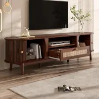 STILVORA Tv Meubel - Rotan Lades En Schuifdeuren - Landelijke Opbergruimte Voor Woonkamer - MDF - Walnoot - 165x37x46 Cm