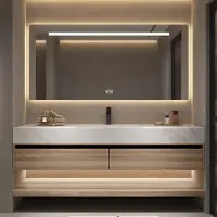 360Home Wasbak van sintered steen, wit, met houten motief aanrechtblad, onderkast, set met spiegel. [RW3256-120 K]