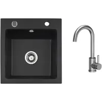 VBChome granieten spoelbak 50 x 48 cm, zwart, met kraan, enkele spoelbak, inbouwspoelbak, gespot. Onderhoudsvriendelijke spoelbak met sifon, ideaal voor kleine keukens