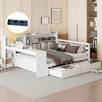 OKWISH slaapbank met houten frame, 140x200 cm, multifunctioneel bed met opbergruimte, bureau, boekenkast en planken, kinderbed/tienerbed met stopcontact, massief hout, wit, inclusief matras