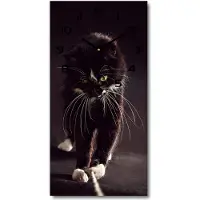Tulup Wandklok - Zwarte kat Moderne Wandklok Glas - 30x60 cm - Zwart Wandklok Glas Decoratie - Zwarte handen - Rechthoekige Klok - Glazen Wandklok Design - Klok Glas Met Opdruk