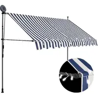 The Living Store Zonnescherm - Luifel - Luifel handmatig uitschuifbaar met LED 250 cm blauw en wit - Buitenterras - Tuindecoratie - Patio