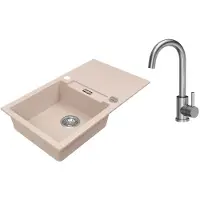 VBChome granieten spoelbak, 76 x 44 cm, beige, met kraan, enkele spoelbak, inbouwspoelbak, omkeerbaar, gespikkeld. Onderhoudsvriendelijke spoelbak met sifon
