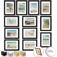 Bomoe Ocean Set van 12 Fotolijsten Houten Picture Frames 12 x 13x18cm Fotolijst Zwart van Hout met Kunststof Glas - Metalen Ophanging, Standaard & Passepartout