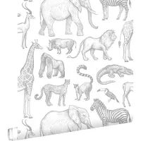 ESTAhome behang jungle dieren wit en grijs - 53 cm x 10.05 m - 139691