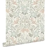 ESTAhome behang bloemen en vogels in art nouveau stijl vergrijsd groen, bruin en perzik roze - 53 cm x 10.05 m - 139294