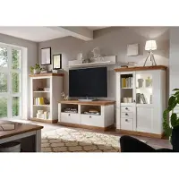 IMV Woonkamerwand, landhuisstijl, 356 cm, grenen, wit / eikenhout "Wotan", wandmeubel, hoge kast