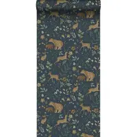 ESTAhome behang bos met bosdieren donkerblauw en beige - 53 cm x 10.05 m - 139588