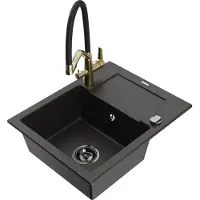 Mexen Enzo granieten gootsteen 1-kompaart met afdruiprek en keukenmengkraan Duo, zwart/goud metallic - 6506-75-671701-57-B