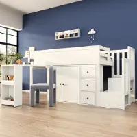 STILVORA hoogslaper 90x200 cm, kinderbed met uitschuifbaar bureau, zonder matras, bed met trap en trappenkast, bedframe met zijvak, wit