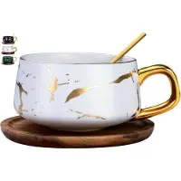 LONGZIMING -Ceramic Cups - Cappuccino Cups - Melkschuim Behoudend Design - Bleivrije Keramiek - Matte Afwerking Met Gouden Marmerstructuur - Ideaal Voor Warme Dranken - 1 Stuks - wit