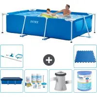 Intex Rechthoekig Frame Zwembad - 260 x 160 x 65 cm - Blauw - Inclusief Afdekzeil - Onderhoudspakket - Zwembadfilterpomp - Filter - Schoonmaakset - Vloertegels - 7-delig