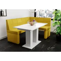 Fun-Möbel Eckbankset 196x142 cm BLAKE XL L, stof Soro, geel / Eettafel DANTE, wit, hoogglans