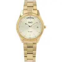 Q&Q A15A-001PY - Horloge - Analoog - Vrouwen - Dames - Stalen band - Rond - Metaal - Streepjes - Datumaanduiding - Goudkleurig - 5 ATM
