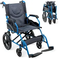 Mobiclinic Faraon - Rolstoel - Transport rolstoel - Opvouwbaar - Zitbreedte: 46 cm - Met rolstoelkussen - Handmatig - Staal - Opklapbare voetsteunen - Blauw