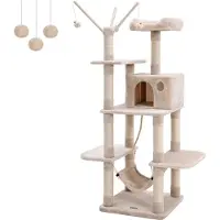 Markenlos XXL Kraboom. Stabiele kraboom met hangmat, holte en pluche oppervlak. 154 cm, beige - FEANDREA
