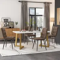 Flieks zithoek, eethoek, 5-delig. Eettafel met 4 stoelen. Keukenmeubel, gestoffeerde stoelen met fluwele bekleding, rechthoekige eettafel met gouden metalen poten, bruin