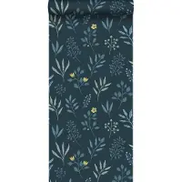 ESTAhome behang bloemmotief in Scandinavische stijl donkerblauw en okergeel - 53 cm x 10.05 m - 139082