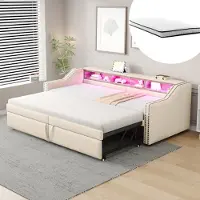 OKWISH uitschuifbaar bed 90/180x200, multifunctioneel bed met opbergruimte, LED-verlichting en USB-poort, geschikt als dagbed/kinderbed/tienerbed met lattenbodem, beige (met twee matrassen)