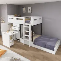 Sweiko stapelbed met uitschuifbaar bureau en garderobe, multifunctioneel kinderbed, kinderstapelbed, met lade, planken en ladder, zonder matras, 90x200 cm, wit