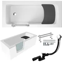 Polimat Badkuip Rechthoekig Set 5-in-1 180x80, links, badkuip voor senioren + glazen deur en houten zitje, premium afvoerkit en poten | BADLAND VOVO