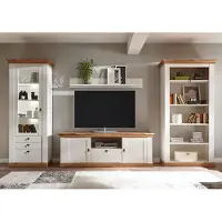 IMV Woonkamerwand, landhuisstijl, 367 cm, grenen, wit / notenhout eikenhout. Wandmeubel, boekenkast