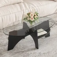 STILVORA Salontafel 104,9 X 60 X 35,6 Cm - Ovale Glasplaat Van Veiligheidsglas - Waaieronderstel Van MDF - Voor Woonkamer En Balkon - Zwart Transparant