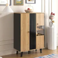 STILVORA dressoir met LED-verlichting en glas, bijzettafel met een uniek zwart houten streepdesign, veelzijdig inzetbaar als vitrinekast