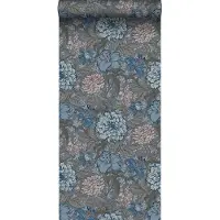 ESTAhome behang vintage bloemen vergrijsd blauw en warm grijs - 53 cm x 10.05 m - 139480