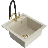 Mexen Vito granieten gootsteen met 1 bak en Duo keukenmengkraan, beige - 6503-69-671701-57-G