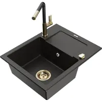 Mexen Enzo granieten gootsteen 1-compartiment met afdruiprek en keukenkraan Flora, zwart/gouden metallic - 6506-75-670401-57-G