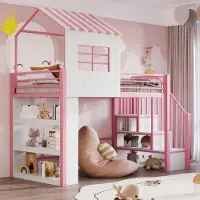 MODFU Hoogslaper 90x200 cm – Roze metaal/MDF – Met opbergtrap & open rek – Veiligheidshek – Kindermeubel