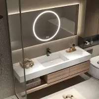360Home Wasbak van composietsteen met lade, opbergruimte, wastafel, LED-spiegel, badkamerspoel, 120*55cm 【YT2032-120】