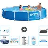 Intex Rond Frame Zwembad - 366 x 76 cm - Blauw - Inclusief Solarzeil - Onderhoudspakket - Zwembadfilterpomp - Filter - Grondzeil - Schoonmaakset - Solar Mat - 8-delig