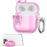 Kwmobile Transparante hoofdtelefooncase voor Apple Airpods 4 hoes - Headphones TPU cover met standaardfunctie en veiligheidsvergrendeling - poederroze