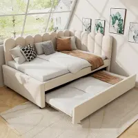 OKWISH Uitschuifbaar bed 140x200 met uitschuifbaar onderschuifbed, Kinderbed met bloemenmotief, Bekleed bed van fluweelstof, L-vormig bekleed bed, Beige (zonder matras)
